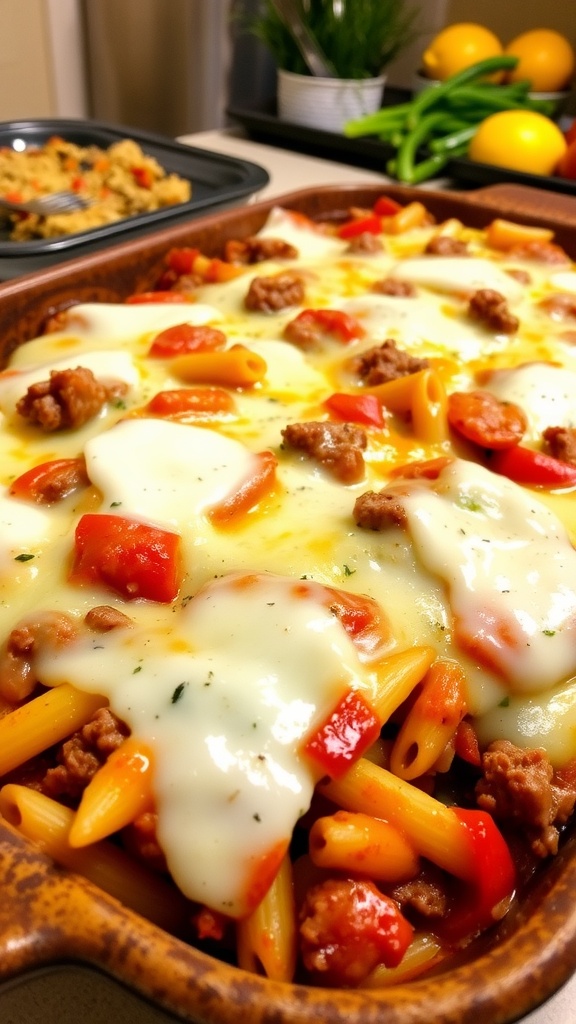 A golden brown cheesesteak casserole with melted cheese, ground beef, and bell peppers in a rustic baking dish.